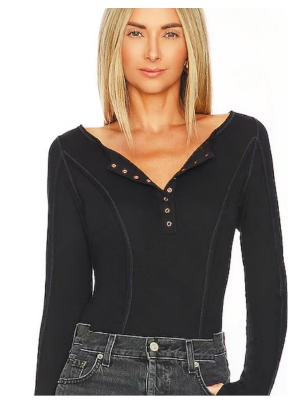 NWT Free People Sloane Henley Bodysuit S Black